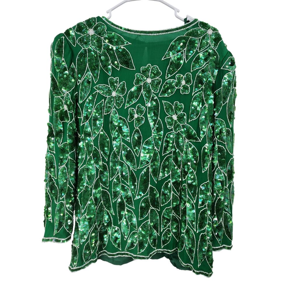VINTAGE ANUJAN XL SILK ALL OVER BEADED FLORAL LEAF LONG SLEEVE BLOUSE